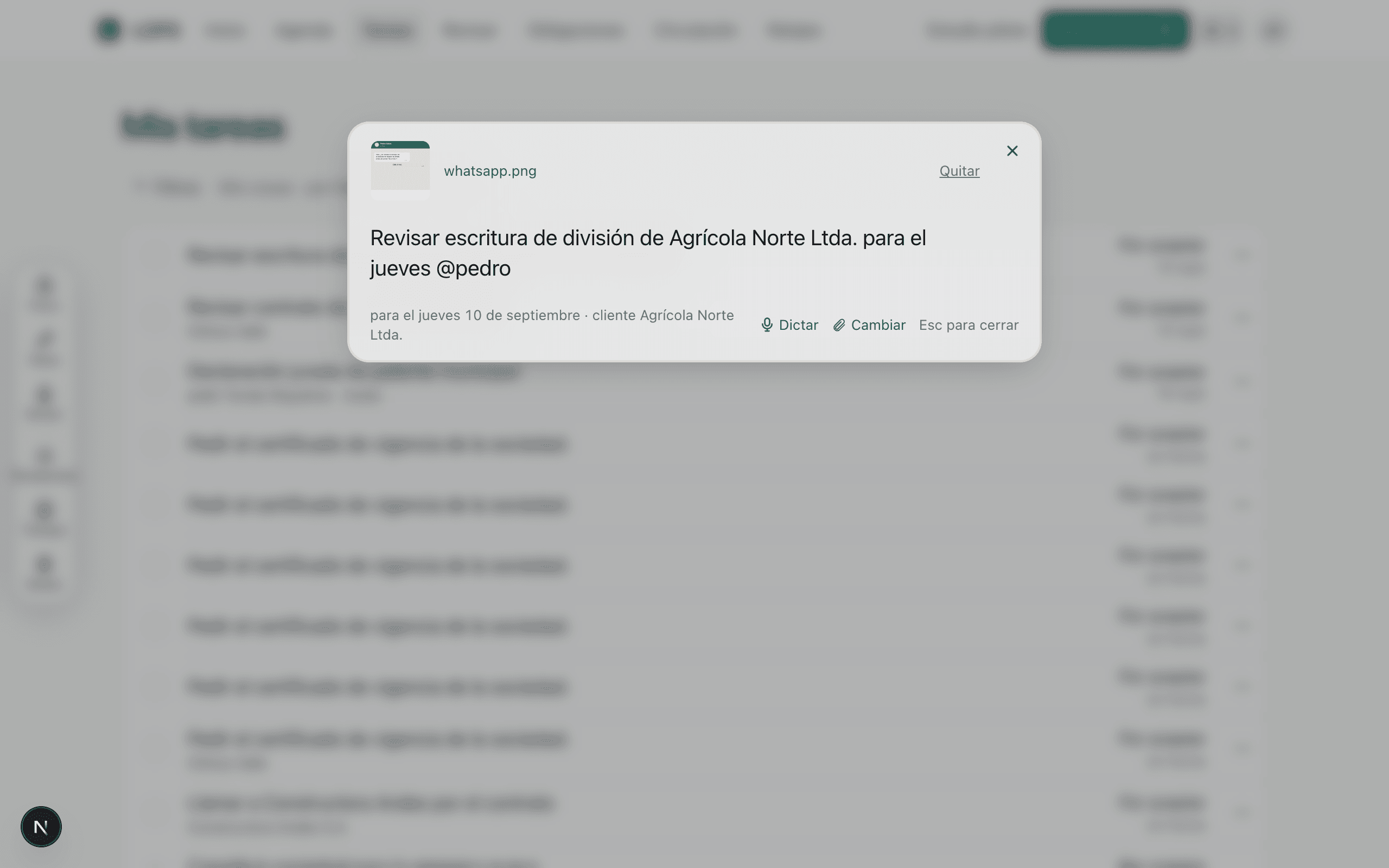 El panel de anotar con una captura de WhatsApp adjunta y el título del encargo escrito.