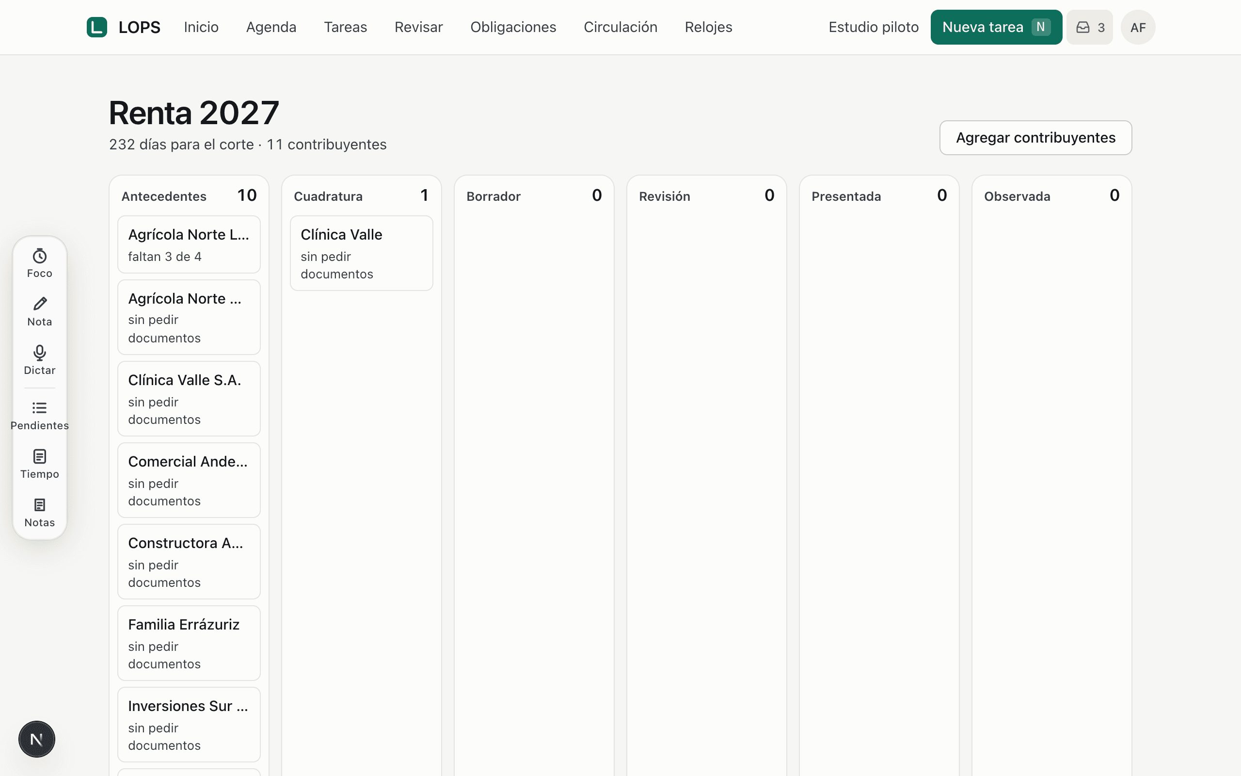 El tablero de LOPS Renta con las seis etapas en columnas, los contribuyentes en tarjetas y los días que faltan para el corte.